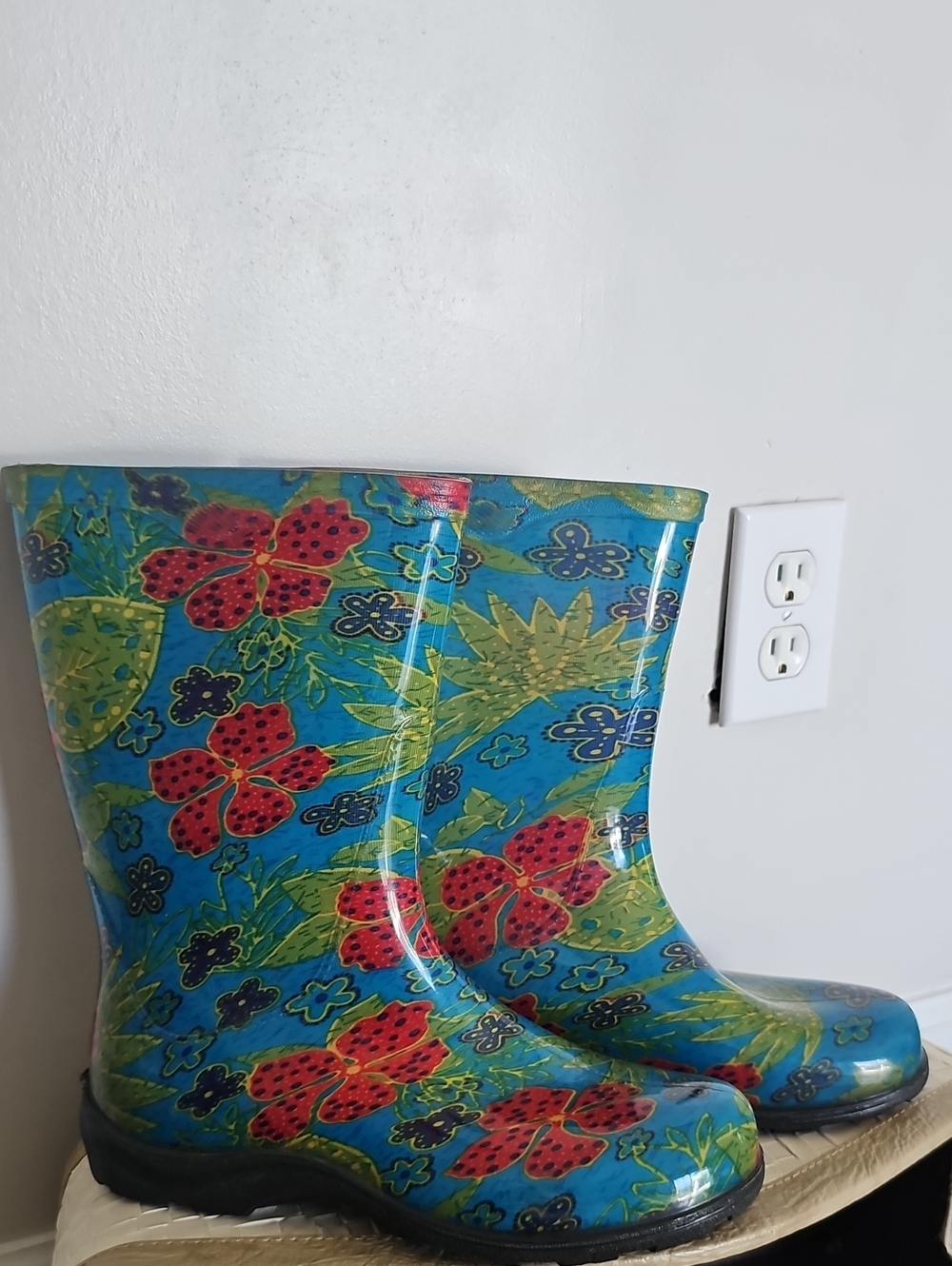 Sloggers Blue Floral Women's Rain Boots with Red Flowers